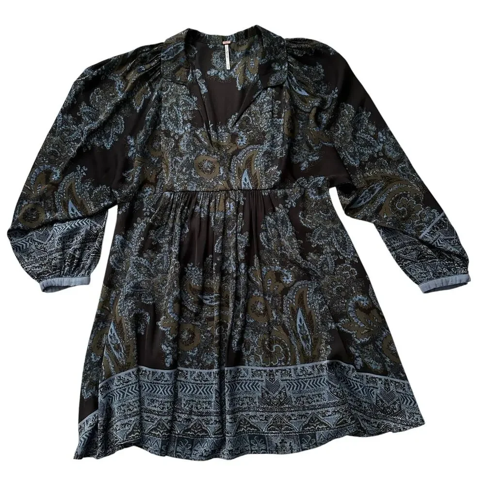 Free People Say‎ You Love Me Blue Paisley Blouse Sleeve Collared Mini Dress S - Picture 2 of 9